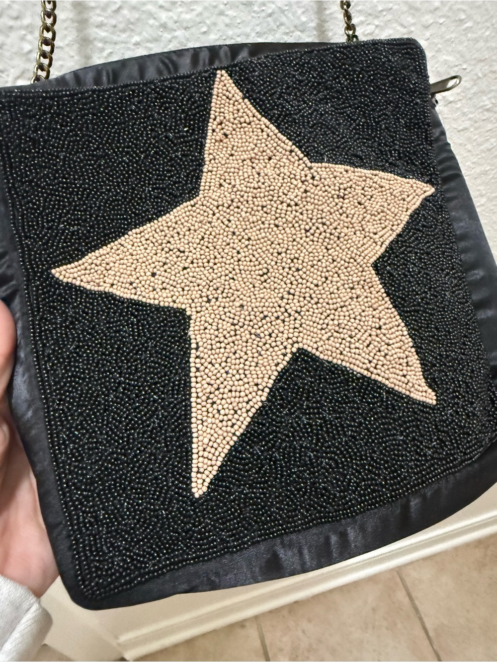 Black Beaded Star Crossbody Bag with Chain Strap